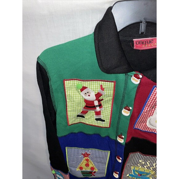 Onque Casuals Women’s Christmas Cardigan Sz Small Black Colorblock Santa Buttons - Picture 5 of 12